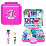 Polly Pocket Mattel 80th Anniversary Heritage Compact Playset, House Compact with 3 Dolls, and 1 Pet and Fashion Skirt, Furniture with Celebration Theme, JGK22