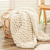 Bigacogo Chunky Knit Throw Blanket for Couch, 40x60 inches, 100% Hand Knitted with Thick Jumbo Chenille Yarn, Cozy Soft Large Rope Knot Cable Crochet Blankets for Sofa Bed Living Room, Beige