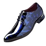 Mens Fashion Floral Patent Derby Shoes Lace Up Formal Business Shoes Pointed Toe Shiny Flat Faux Leather Dress Shoes Blue