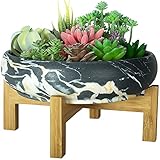 ARTKETTY Succulent Plant Pot, 25.5 CM Large Bonsai Pots with Drainage Stand, Shallow Marble Cactus Plant Pot Ceramic Pots for Indoor/Outdoor Succulent Plants Decorative Garden Flower Plant Bowl