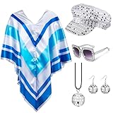 Bryndo 5 Pcs 70s Fancy Dress Set for Women, Disco Costume Accessories with Pop Poncho Sequin Beret Hat Square Bling Sunglasses Earrings Necklace for 70s Theme Party Dress Up (Sliver)