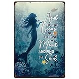 SUPERDANT Mermaid Metal Signs Inspirational Quotes Tin Sign to The Ocean Lose Mind Find Soul Walll Plaque Funny Signs and Plaque Bathroom Metal Wall Art for Bedroom Man Cave Bar Cafe Bar Home