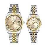 JewelryWe His and Her Matching Couple Watches Gold-Silver Tone Quartz Calendar Watch,2PCS Gold