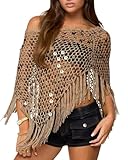 Women‘s Sequin Fringe Cover Up Sexy Sleeveless Hollow Out Crochet Tops Beach Bikini Cover Ups See Through Swimwear Shawl Poncho Club (A-1, One Size)