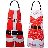XIEJINJIA 2 Pack Water Resistant Santa Anime Christmas Aprons Wife Husband Funny Xmas Adjustable Long Ties with 2 Pockets Kitchen Cooking Christmas Party Gift Apron BBQ Chef for Men Women