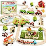 Lehoo Castle Wooden Train Set, 72PCS Farm Toddler Toys for 3 4 5 6 Year Old Boys Girls, Train Tracks with Magnetic Crane, Kids Toys Birthday Gifts for Age 3-5