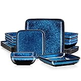 vancasso Dinner Sets, Square Reactive Glaze Crockery Set, 16-Piece Ceramic Plates and Bowls Set with Dinner Plates, Dessert Plate, Bowl and Soup Plate. Vintage Blue Look, Service for 4