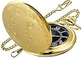 Tiong Both Sides Gold Carved Flower Quartz Pocket Watch Quartz Movement,Quartz Pocket Watches with Chain Clip for Men