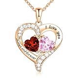 18K Rose Gold Heart Necklace, Birthstone Necklace Jewelry for Women with 2 Birthstones, Customized Gifts for Women Mom Wife Grandma Sister Friend, I Love You Always and Forever, Gold, Cubic Zirconia