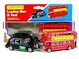 Diecast Genuine London Bus and London Taxi Set (Mini) Souvenir - Moving Wheel Action - Sightseeing - Hop On Hop Off - Toy - 5 Passenger Cab - Hackney Cab - London Souvenir