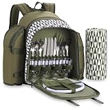 VonShef Picnic Backpack, 4 Person Green Picnic Bag with Full Dining & Cutlery Set, Insulated Cooler Compartment & Large Waterproof Picnic Blanket, Lightweight Water Resistant Camping Accessories