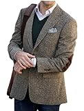 VENNYNG Men's Tweed Blazer Suit Jacket with Elbow Patches Autumn Blazer Male Short Vintage Trench Coat, Light Brown, L