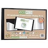 eco-eco A3 50% Recycled 20 Pocket Black Landscape Presentation Display Book, Storage Case Portfolio Art Folder with Plastic Sleeves, eco096