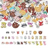 Crafans 130Pcs Cartoon Wooden Buttons 2-Hole Wooden Pom Pom Button Fox Bear Owl Animal Novelty Buttons Beef Printed Wood Buttons for Crafts Decor Sewing