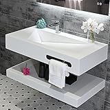 Gesipor 32"x19" Wall Mount Bathroom Vanity with Sink Stone Resin Floating Vanity Sink Rectangular Vessel Sinks for Bathroom White Trough Art Basin with Shelf Layer