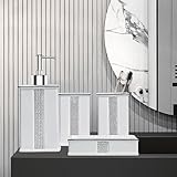 HKDZ 4 Pieces Bathroom Accessories Set, Luxury Ceramic Bathroom Organiser with Diamante, Modern Vanity Organiser Kit with Toothbrush Holder, Soap Dish, Soap Dispenser Home Decor, White