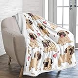 WONGS BEDDING Pug Throw Blanket Reversible Pug Dog Printed Sherpa Blanket for Kids Child Adults Soft Warm Microfiber Solid Throw Blanket for Bed, Couch, and Travel 150x200cm