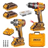 INGCO Impact Driver 285NM and Impact Drill 66NM Twin Pack, 20V Brushless Motor, with 2Pcs 2.0Ah Battery and 1Pcs Charger CKLI20277
