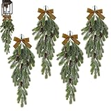 4 Pack Christmas Teardrop Swags with Velvet Bow 27.6 Inch Rustic Pine Greenery with Pine Cones Hanging Teardrop Swag for Xmas Farmhouse Home Wall Decor