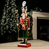 Marco Paul Traditional Metal Christmas Giant Nutcracker Statue with 23 Warm White LEDs Ornaments Battery Operated Hand Painted Decorations Festive Xmas Home Decor (Green & Red)