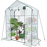 VOUNOT Walk In Greenhouse with Shelves, Roll up Zip Panel Door Garden Plastic Polytunnels Grow House for Outdoor Use, White 143x73x195cm