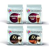Tassimo Latte Bundle - Costa Latte/Costa Caramel Latte/L'Or Latte Macchiato/Latte Macchiato Caramel Coffee Pods - 4 Packs (32 Servings)