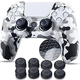 YoRHa Studded Printing Silicone Rubber Customizing Skin Cover for PS5 Dualsense Controller x 1(Camouflage White) with Pro Thumb Grips x 10