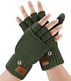 CHENMEI Fingerless Gloves Men and Women - Half Finger Gloves with Cap, Winter Flip Gloves with Touch, Mittens with Alpaca Wool, Winter Gloves for Men and Women, Green, Gleiche Größe