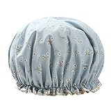 Shower Caps Women Double layer Shower Cap Waterproof Elastic Bath Cap With Flower Pattern for Women Shower Spa Salon (Blue)