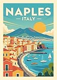 Naples Italy Vintage Travel Art Print, Coastal Mediterranean Wall Decor, Retro Italian Seaside Poster. Size A4