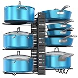 Housolution Pot and Pan Organiser for Cupboard, 8 Tier Saucepan Storage Rack with Adjustable Dividers, Pan Holder Stand with 3 DIY Methods