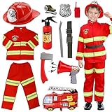 VICTERR Fireman Costume, 12pcs Kids Role Play Halloween Costumes, Toy Aged 3 to 5' School Costumes, Costume Parties, Fire Drill Education, Christmas, School and Home Play (110cm), Orange