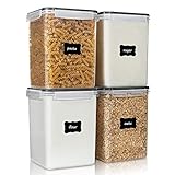 Vtopmart Large Food Storage Containers 5.2L / 175oz, 4 pack Plastic Airtight Storage Containers with Lids for Flour, Sugar, Rice, 4 Measuring Cups and 24 Labels, BPA Free, Black