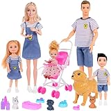 Dolls Family Playset with Baby Stroller Set- 6 People, Pets & Accessories for 3-12 Years Old | Toddler Gift with Pregnant Mom, Dad, 3 Kids, Dogs, and Interactive Play (Gift Box Package)