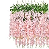OUKEYI 12 Pcs Artificial Wisteria Flowers Garland, 3.6 FT Silk Fake Flowers Hanging Vine for Indoor Outdoor Home Garden Christmas Wedding Party Decoration (Pink)
