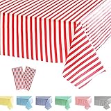 POPOYU 2Pcs Red Stripe Table Cloth,Circus Red and White Party Decorations,Red&White Candy Stripe Plastic TableCovers,Circus Table Decorations for Circus,Movie Night,Carnival Party Supplies
