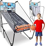 SereneLife Dual Hoop Basketball Shootout Indoor Home Arcade Room Game with Electronic LED Digital Double Basket Ball Shot Scoreboard and Play Timer Fold-up Court Shooting Sports for Kids & Adults