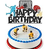 Gyufise 1Pcs Hockey Happy Birthday Cake Topper Glitter Ice Hockey Player Sports Theme Cake Pick Decorations for Hockey Theme Baby Shower Boys Girls Birthday Party Supplies Black
