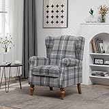 Retro Accent Chair, Wingback Tartan Armchair Soft Padded, Retro Check Leisure Chair, Fabric Lounge Padded Sofa Chair for Living Room Bedroom - Gray