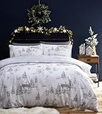 furn. Midwinter Toile Duvet Cover Set - Polycotton Fabric, Picturesque Snow Cottages & Woodland Animals Festive Bedding (White – King)