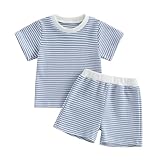 Baby Girl Boy Summer Shorts Outfit Striped T Shirt Casual Shorts Solid Color 2Pcs Neutral Toddler Waffle Knit Set (Blue, 18-24 Months)