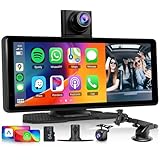 Wireless Carplay Screen Portable Car Stereo with 2K Dash Cam(350° Rotatable) Wireless Android Auto, Hodozzy 8.1" Touch Screen Car Radio 1080P Rear Camera DVR Mirrorlink Bluetooth Siri AUX 64G TF Card