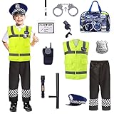 Cheerful Children Toys Police Costume Kids Ages 3-7, Complete Officer Set with Hat, Vest, Trousers & Siren Sound Walkie Talkie, Fancy Dress Roleplay Outfit for Halloween & Parties