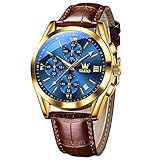 OLEVS Watch for Men Chronograph Brown Leather Strap Classic Fashion Analog Quartz Big Dial Casual Waterproof Luminous Wrist Watches