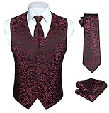 Enlision Paisley Waistcoats for Men Black-Red Wedding Waistcoat Tie Pocket Square Jacquard Party Suit Vest Set L