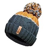 RockJock Unisex Mens Ladies Warm Winter Chunky Colour Block Ski Bobble Pompom Hat with Cosy Thermal Teddy Fleece Liner-Teal/Mustard
