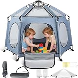 HOMGEN Foldable Pop up Playpen 144x103cm with 3 Detachable UV Cover 450D Oxford Cloth Baby Outdoor Playpen Portable 2-in-1 Pop Up Baby Sturdy Travel Mesh Play Yard for Beach Park Home