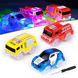 AniSqui Glow Tracks - 3 Pack Light-up Race Flexible Cars with 5 LED Lights (Blue Police, Red Fire Engine, Yellow Truck), Slot Car Track Toy, Kids Toddlers Gift Racetrack