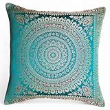 Original Kikan Indian patchwork mandala sari ethnic silk Banarsi cushion covers mandala 16"x16" (teal)