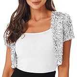 Agoky Women's Glitter Sequin Short Sleeve Shawl Coat Open Front Bolero Shrugs Jacket Cardigan Silver One Size